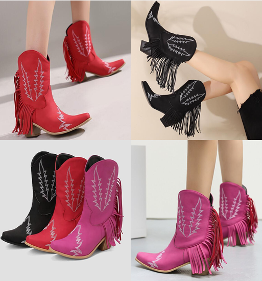 รองเท้าส้นบูททรงคาวบอยสั้น ไซส์ 35-46 สีดำ/แดง/ชมพู