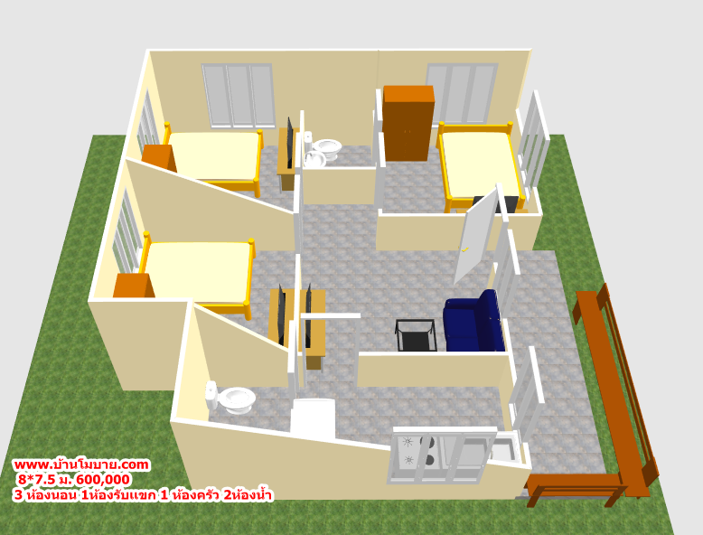บ้านโมเดิร์นขนาด 8*7.5 ระเบียง 1.5*5 เมตร (3ห้องนอน 2ห้องน้ำ 1ห้องนั่งเล่น 1ห้องครัว)