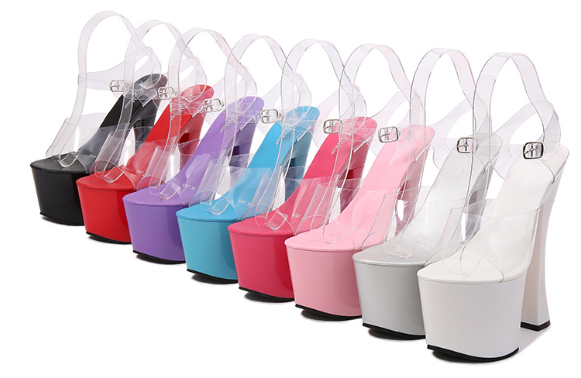 รองเท้าส้นสูง 7.2 นิ้วส้นหนาทรงรัดข้อ ไซต์ 34-43 สีดำ/แดง/ชมพูเข้ม/ชมพูอ่อน/เงิน/ฟ้า/ม่วง/ขาว