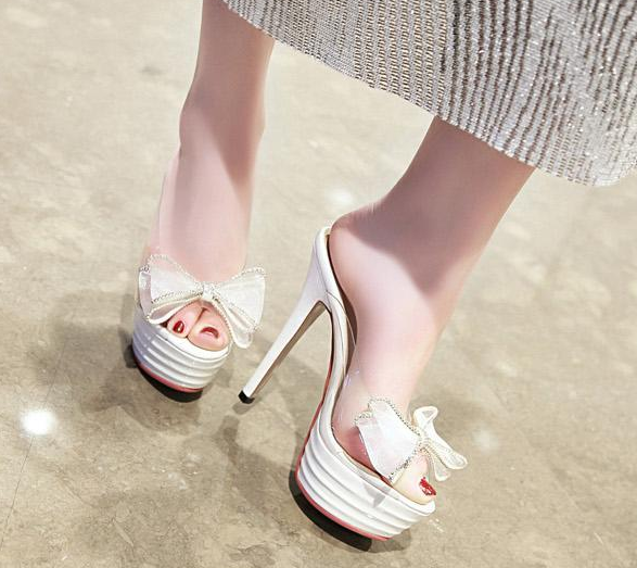 รองเท้าส้นสูงแบบสวมแต่งโบว์กรอบคริสตัล ไซต์ 34-43 สีดำ/ขาว/เงิน/นู๊ด