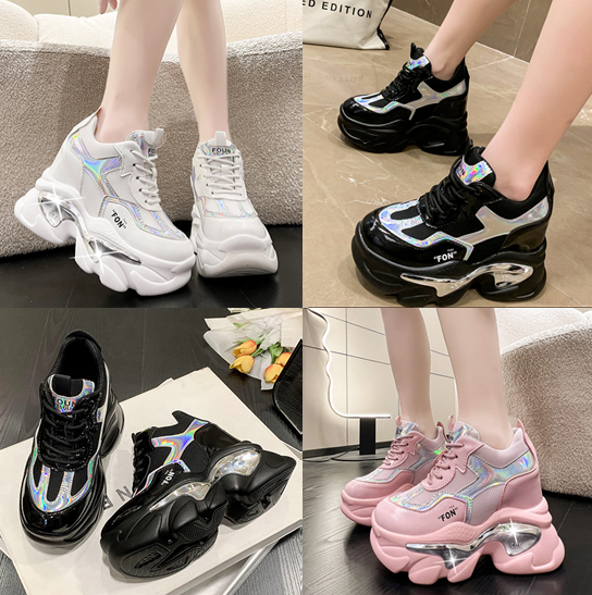 รองเท้าผ้าใบเสริมส้น ไซส์ 34-39 สีชมพู/ขาว/ดำ