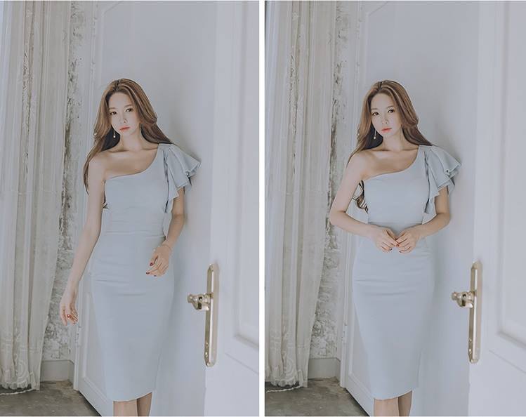 **หมดค่ะ**เดรสผ้าโพลีเอสเตอร์ผสม สีฟ้า เปิดไหล่ข้างขวา ด้านซ้ายแขนเสื้อระบาย เหมือนแบบ เดรสทรงตรงสอบ สวยมากๆค่ะ