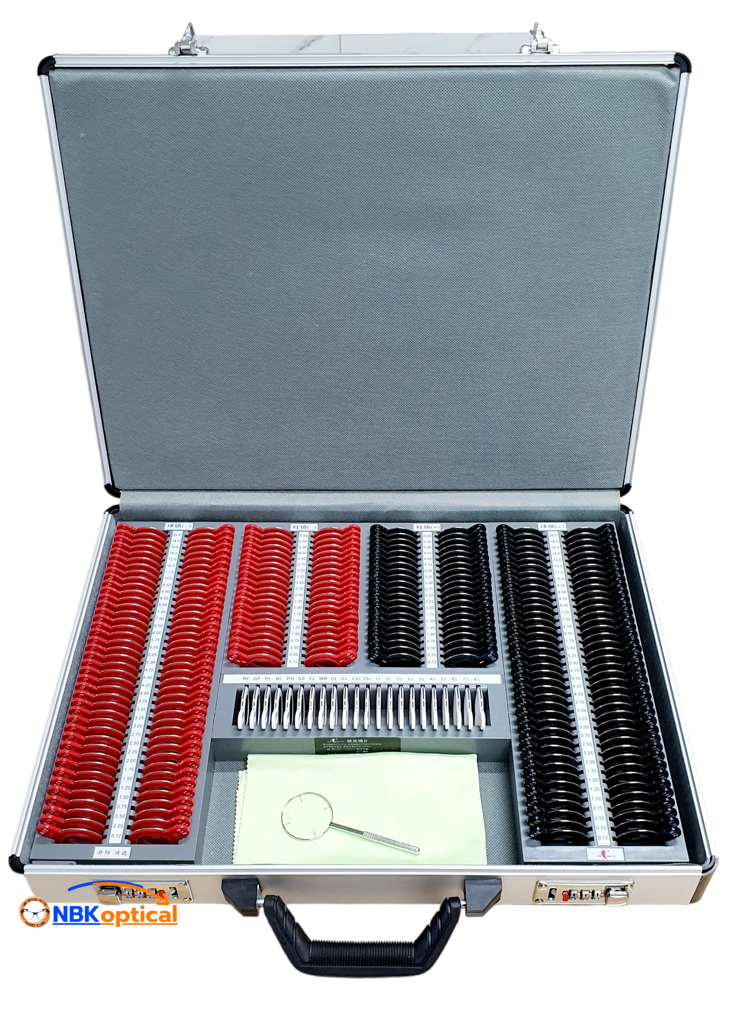 Trial lens set เลนส์เซ็ท ขอบพลาสติกริมโลหะ เลนส์กระจก (PT L) +-2000 (กล่องอะลูมิเนียม) + (ครอสไซเลนส์เดอร์)