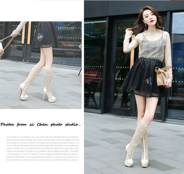 รองเท้าบูทยาวส้นสูงผ้าลูกไม้ปักเลื่อมสีขาว/ดำ/ครีม ไซต์ 34-43