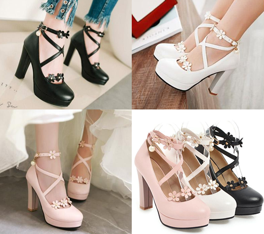รองเท้าส้นสูงแต่งดอกไม้น่ารักๆสีชมพู/ขาว/ดำ ไซต์ 34-43