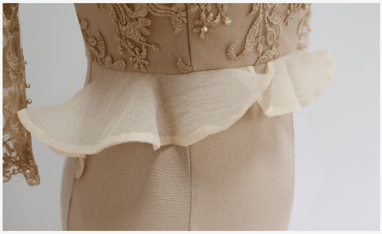 **พร้อมส่ง ด่วนจำนวนจำกัดค่ะ**เดรสใส่ไปงานแต่งสีตาลแขนยาว ดีเทลชุดซีทรูผ้าลูกไม้ลายดอกไม้หรูหรา ดีเทลผ้าตาข่ายโปร่งสีดำช่วงอกและแขน ซับในสีน้ำตาล สวยไฮโซคุณภาพดีเหมือนแบบค่ะ