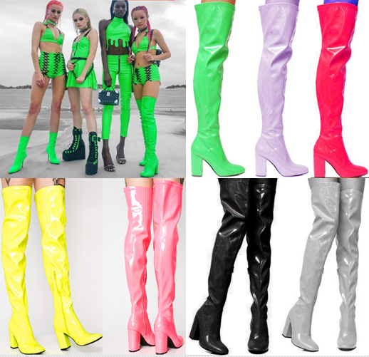 รองเท้าส้นบูทยาวเลยเข่าส้นหนาหนังแก้ว ไซต์ 34-46 สีดำ/เทา/ม่วง/เขียว/เหลือง/ชมพูอ่อน/ชมพูเข้ม