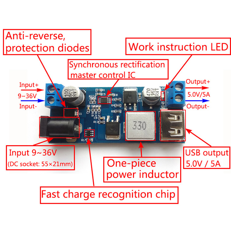 DC 5A Step down 9-36V to 5V โมดูลแปลงไฟจาก 9-36V เป็น 5V 5A ขั้วต่อไฟออกแบบสายและ USB