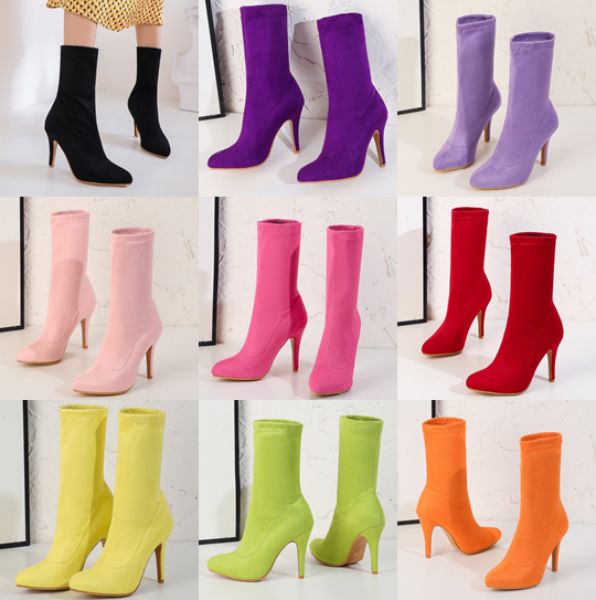 รองเท้าบูทหุ้มข้องานผ้ายืด ไซต์ 34-46 สีดำ/แดง/ส้ม/เหลือง/เขียว/ม่วงอ่อน/ม่วงเข้ม/ชมพูอ่อน/ชมพูเข้ม