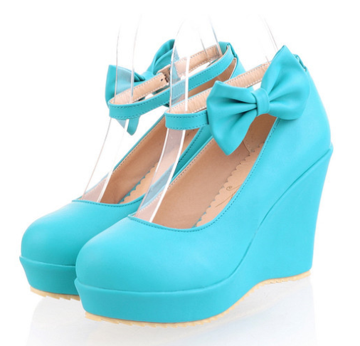 รองเท้าส้นเตารีดสายรัดข้อแต่งโบว์น่ารักๆสีชมพู/ฟ้า/ครีม ไซต์ 34-43