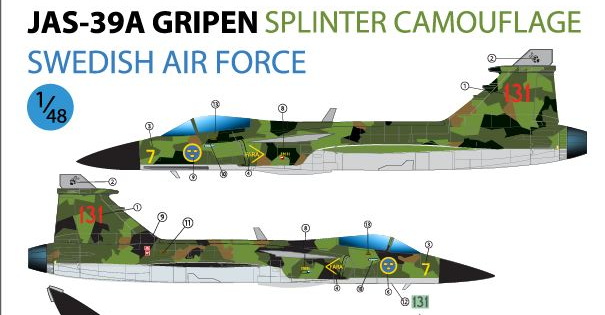 DECAL 1/48 JAS-39A GRIPEN SPLINTER CAMOUFLAGE SWEDISH AIR FORCE