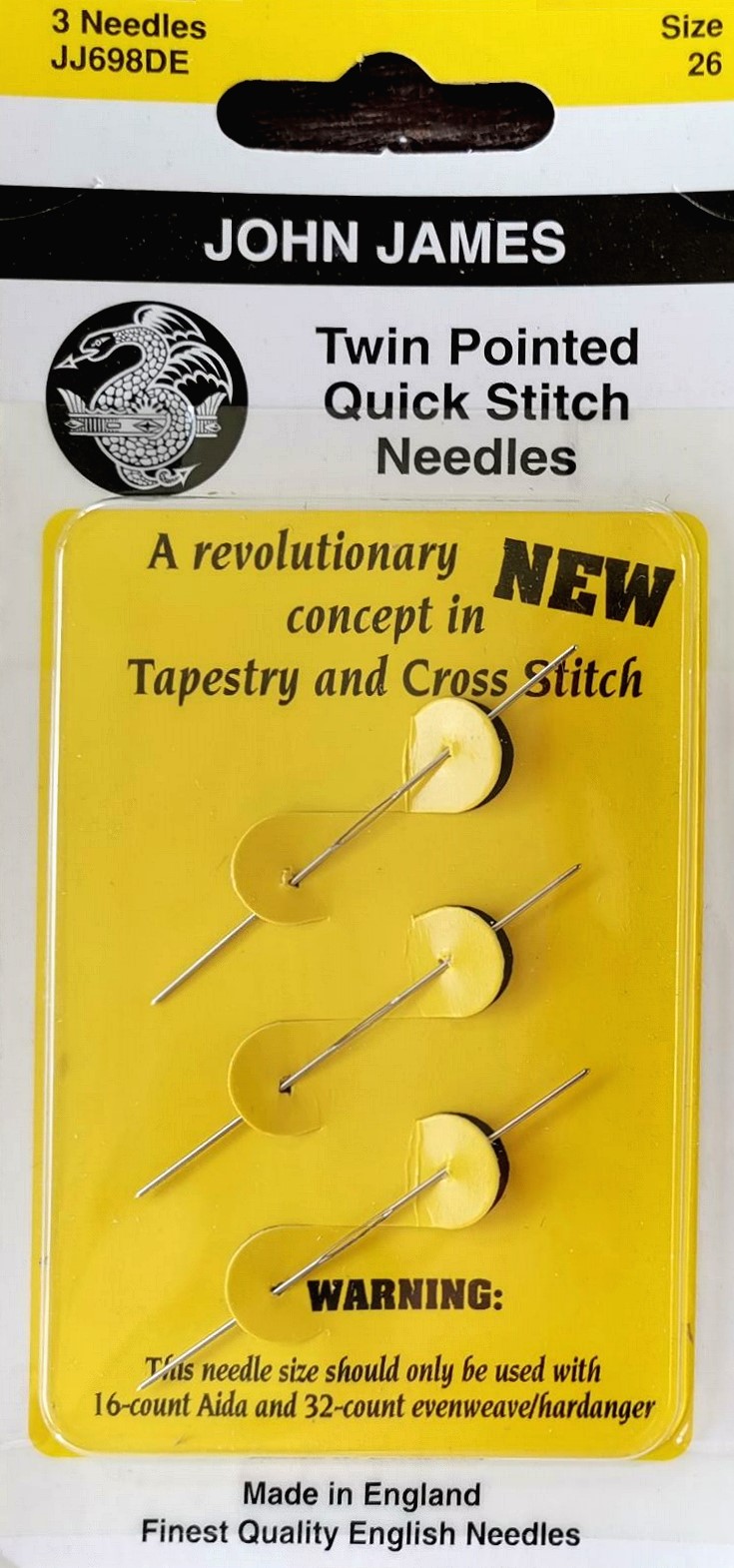 John James Twin Pointed Quick Stitch Needles เข็ม 2 ปลาย เบอร์ 26 (แพ็ค 3 อัน)