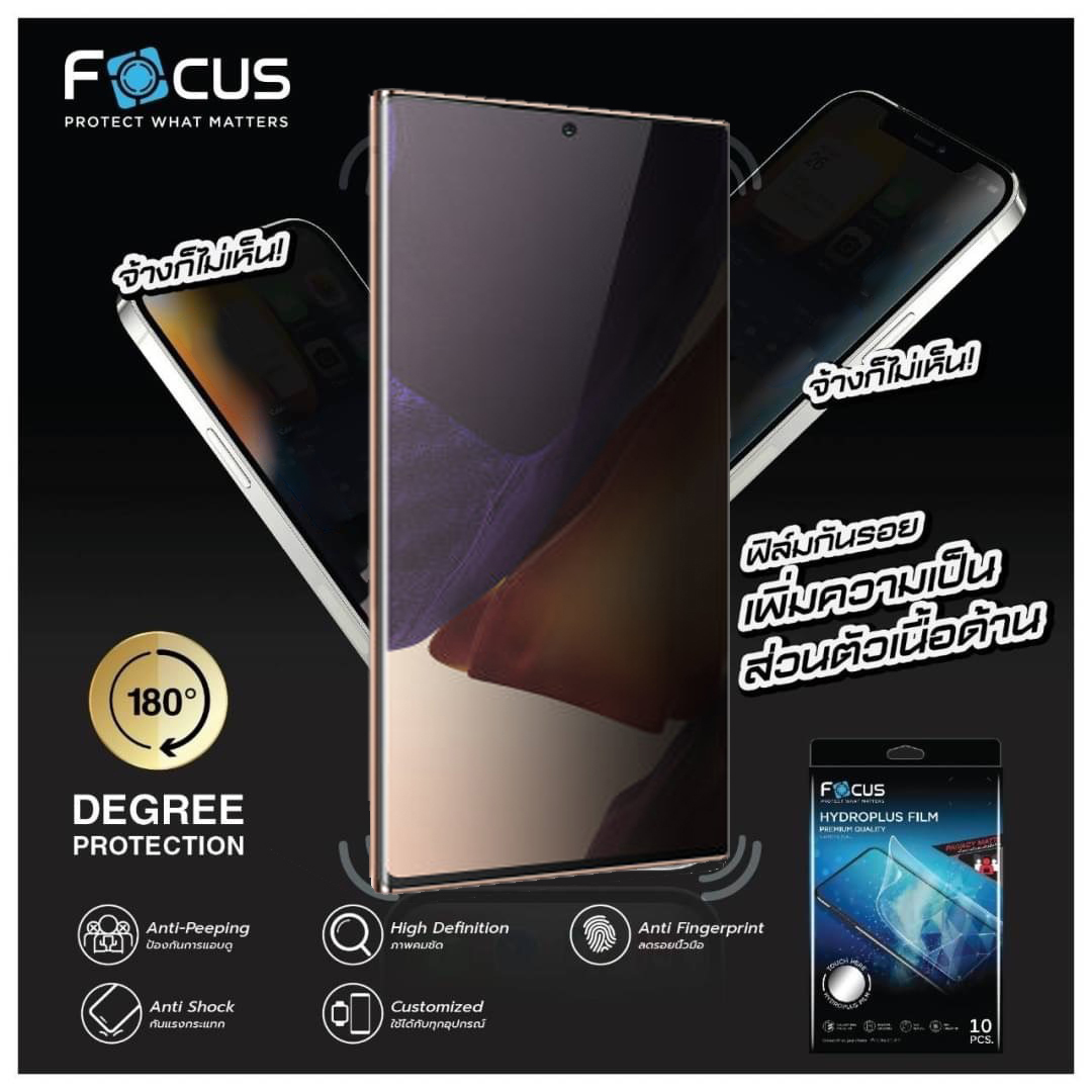 FOCUS ไฮโดรเจล ฟิล์มกันคนมอง Privacy ใส ด้าน โฟกัส ใช้สำหรับ iPhone 16 pro max Samsung S25 Ultra S24 Ultra S23 ใบกำกับภาษี