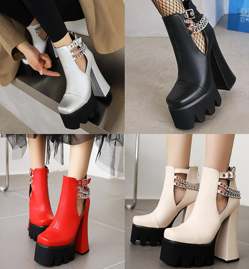 รองเท้าส้นสูงส้นหนาทรงบูทสั้นสีแดง/ดำ/เงิน/ครีม ไซต์ 34-43