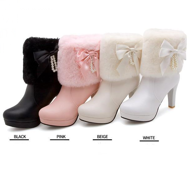 รองเท้าบูทส้นสูงแต่ขนปุยสีครีม/ขาว/ดำ/ชมพู ไซต์ 34-39