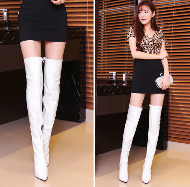 รองเท้าบูทส้นสูงยาวเลยเข่าหนังเงาสีแดง/ชมพู/ดำ/ขาว มี 4 นิ้ว ไซต์ 34-43