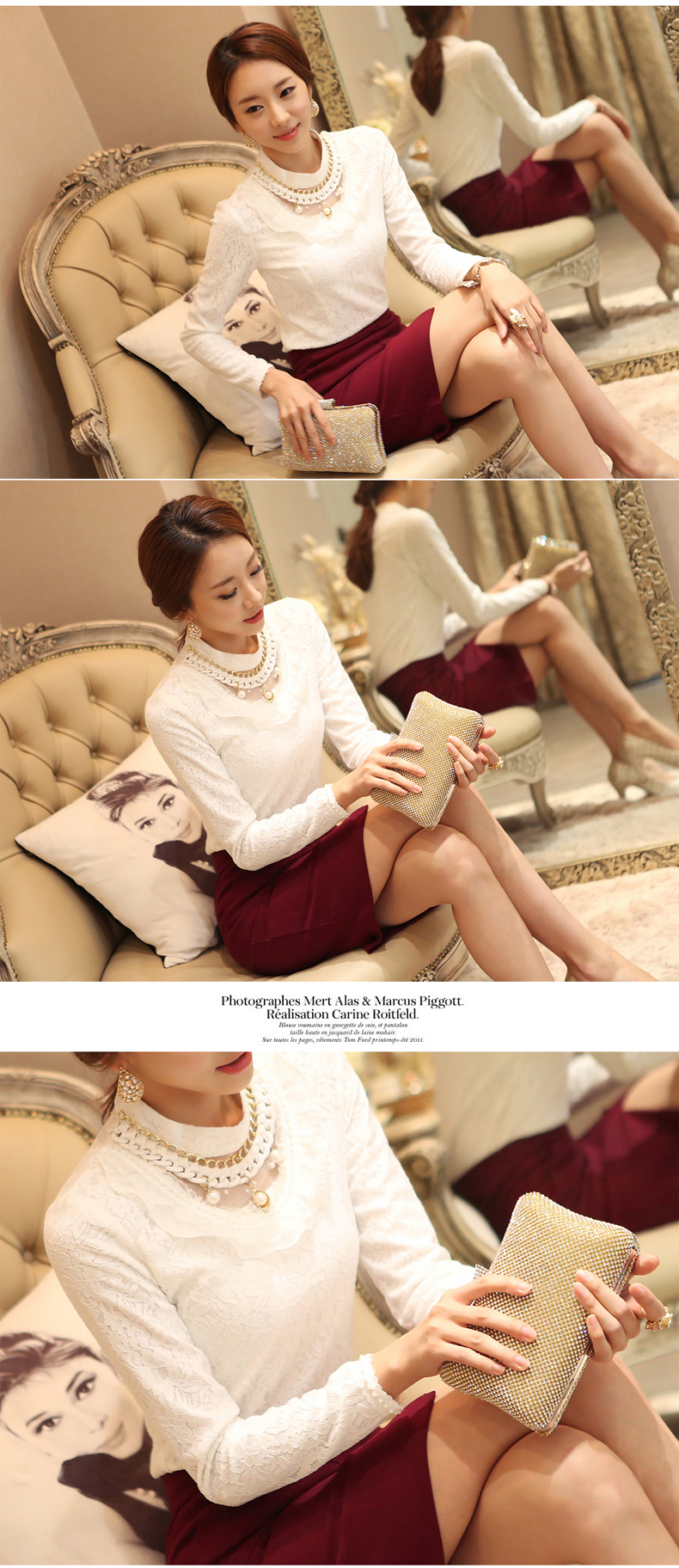 **หมดค่ะ**เสื้อใส่ทำงานผ้าสีขาวครีมแขนยาว คอตั้งดีเทลตกแต่งช่วงอกด้วยผ้าโปร่งปักดิ้นทองผสมมุกและเพชร ปลายแขนแต่งขอบ สวยคุณภาพดีเหมือนแบบค่ะ