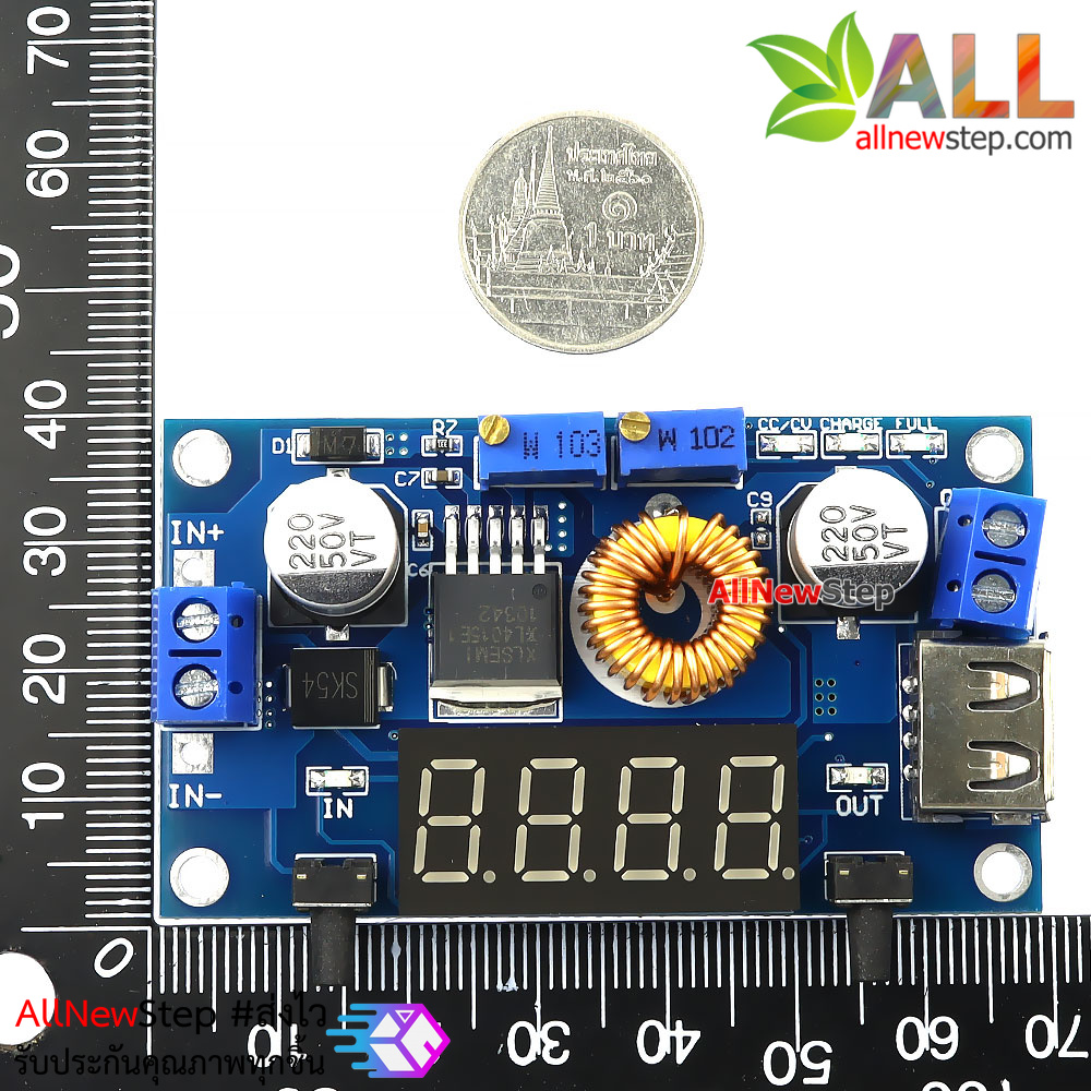 XL4015E High current 5A Stepdown แปลงไฟลง 4-35V เป็น 1.25-32V และช่องไฟ 5V USB กระแสสูงสุด 5A พร้อมจอแสดงผลและกล่องเคส