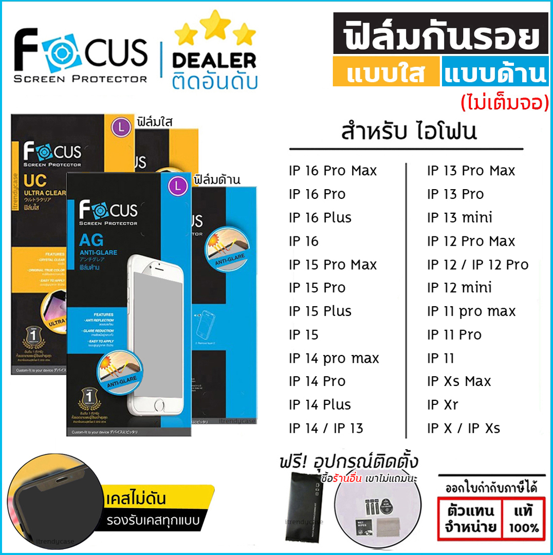 Focus ฟิล์มใส ฟิล์มด้าน ไม่เต็มจอ โฟกัส ใช้สำหรับ iPhone 16 Pro Max 15 Pro 14 Plus 13 Pro Max 11 12 mini Xs Xr X ใบกำกับภาษี
