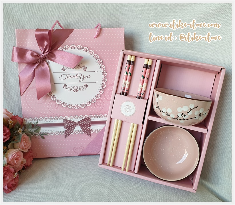 ของรับไหว้ ชุดชาม+ตะเกียบแพ็คกล่องพร้อมถุงกระดาษลายโบว์