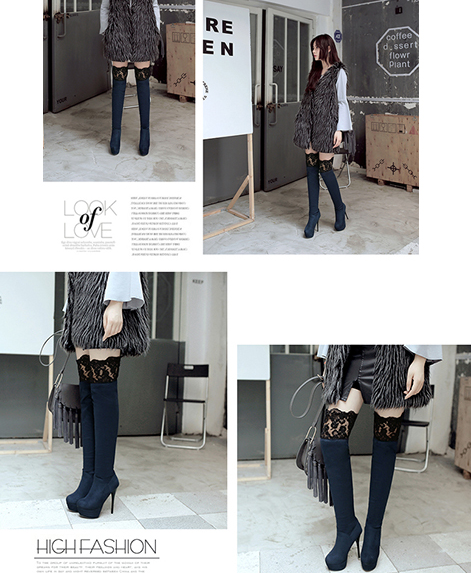 รองเท้าบูทยาวถึงต้นขาแต่งผ้าลูกไม้ ไซต์ 34-43 สีดำ/แดง/กรม