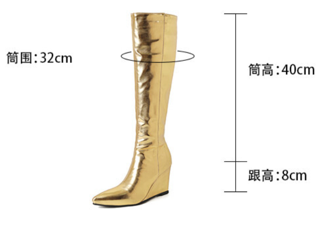 รองเท้าบูทส้นเตารีดปลายแหลมยาวระดับน่องสีทอง/เงิน ไซส์ 34-43