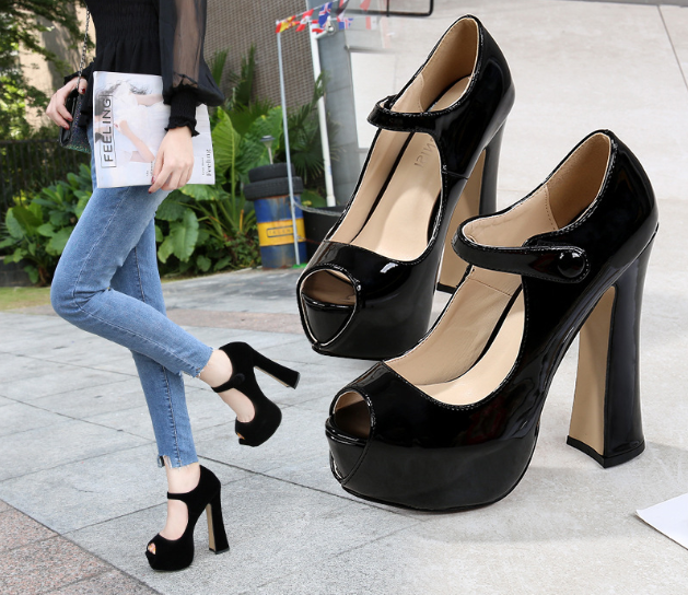 รองเท้าส้นสูงคัดชูเปิดหน้าส้นหนา ไซต์ 34-43 สีดำกำมะหยี่/ดำหนังเงา/แดงเงา/นู๊ดเงา/ลายเสือหนังกลับ