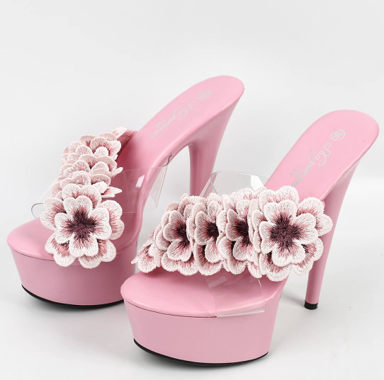 รองเท้าส้นสูงแบบสวมแต่งดอกไม้ ไซส์ 34-43 สีแอพพริคอท/ชมพู/ขาว/ฟ้า