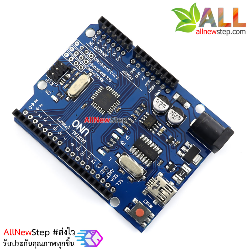 บอร์ด Uno R3 SMD Mini เพิ่มพอร์ทขยาย พร้อมสาย USB หัวต่อแบบ Mini USB (Arduino-Compatible)