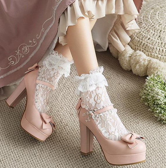 รองเท้าส้นสูงหนา 4 นิ้ว สีชมพู/ขาว/ดำ/ครีม ไซต์ 34-43