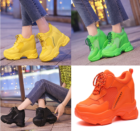 รองเท้าผ้าใบเสริมส้นสีสันสุดจี๊ด ไซต์ 34-39 สีดำ/เขียว/เหลือง/ส้ม