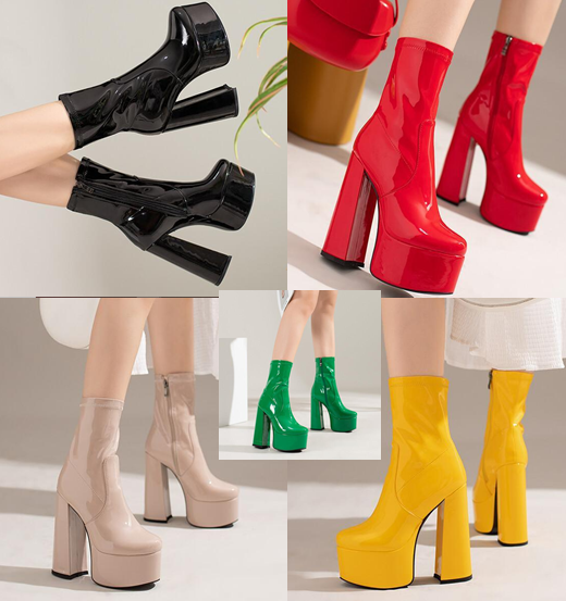 รองเท้าบูทสั้นส้นสูง 6 นิ้ว ไซส์ 35-43 สีดำ/แดง/เหลือง/นู๊ด/เขียว
