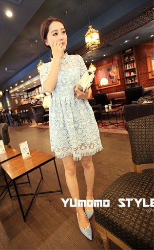 ***หมดค่ะ****เดรสลูกไม้แขนสั้นสีฟ้า มีซับใน ช่วงชายกระโปรงมีระบาย น่ารักมากๆค่ะ