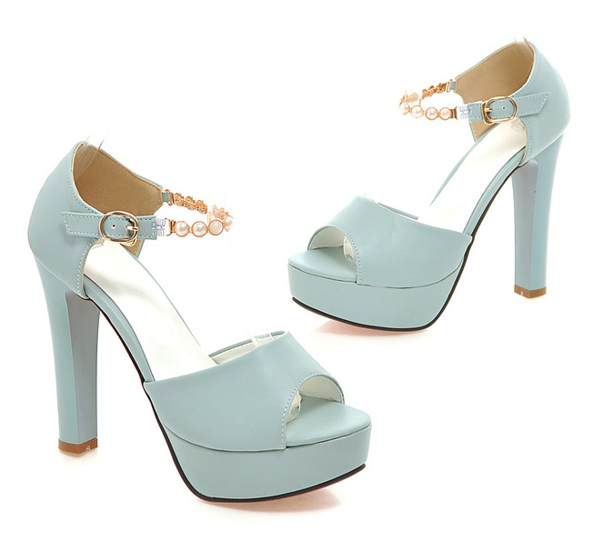 รองเท้าส้นสูงสายรัดข้อแต่งมุข ไต์ 34-43 สีดำ/ขาว/ชมพู/ฟ้า/เขียว