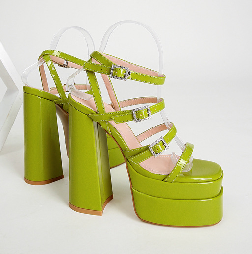 รองเท้าส้นสูงส้นหนาไซส์ 35-42 สีดำ/ขาว/เขียว/น้ำเงิน