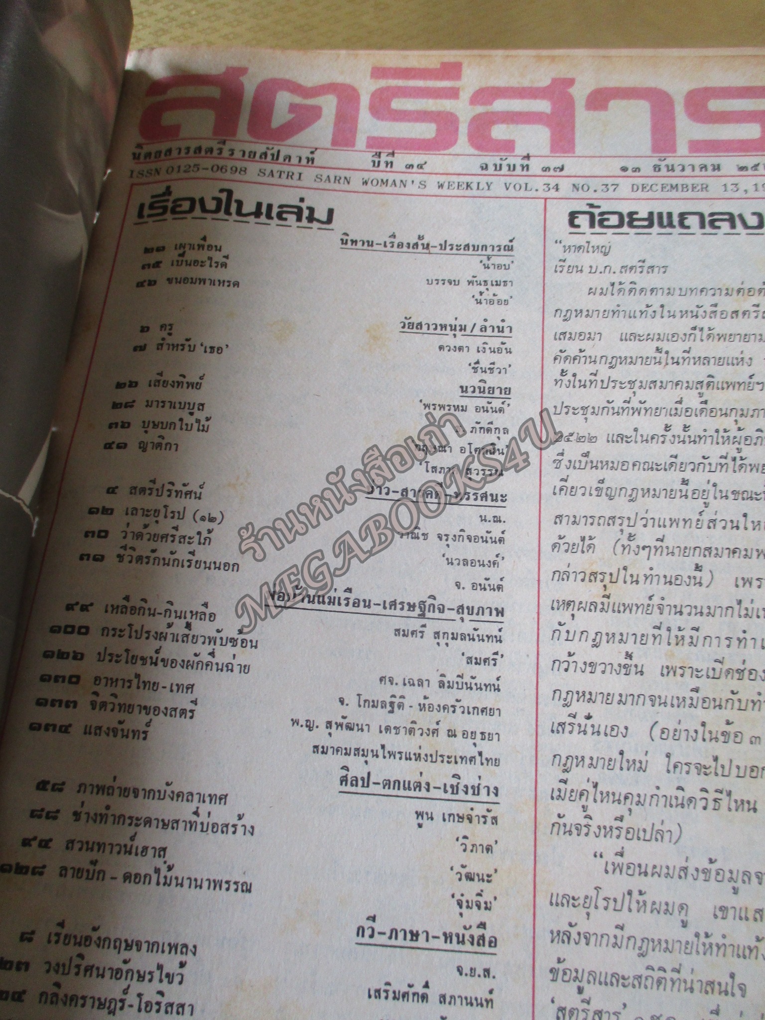 นิตยสารสตรีสาร ปี2524 ฉบับที่37 ปก จุฬารัตน์ นิรัติศยกุล ตำหนิ สันปกกระดาษเริ่มกรอบ