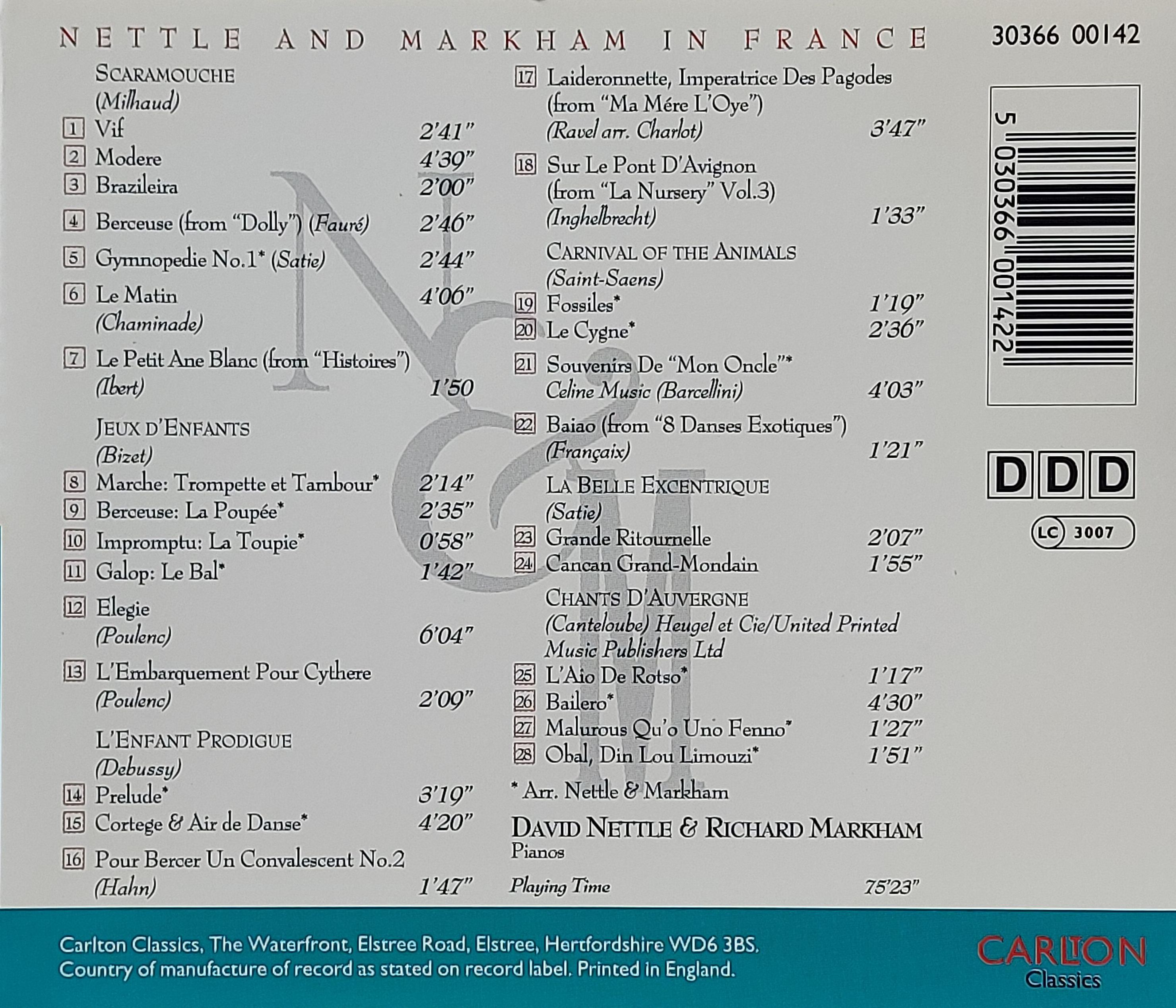 Used CD,David Nettle Richard Markham - In France (B)(Piano)(Classical)(instrumental)(1996)(England)