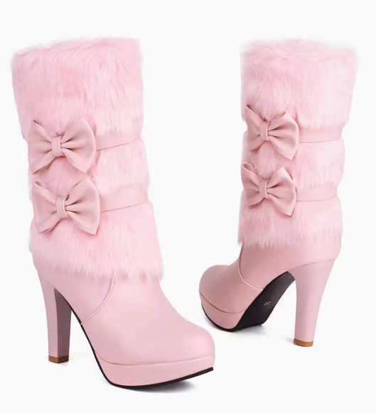 รองเท้าบูทแต่งขนฟู ไซส์ 34-43 สีชม/ขาว/ดำ มี 2 รุ่น
