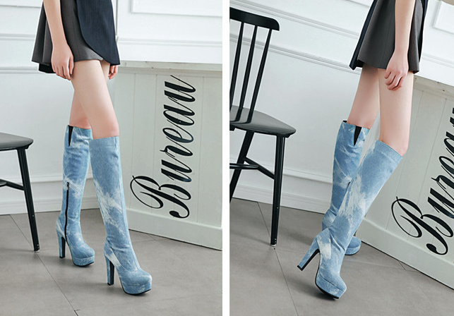 รองเท้าบูทยาวผ้ายีนส์สีฟ้า/น้ำเงิน ไซส์ 34-46