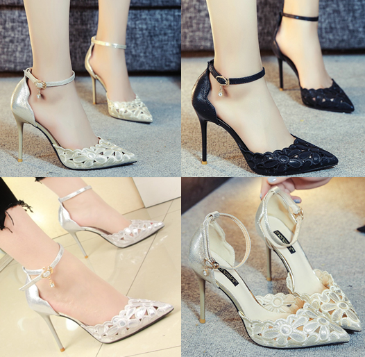 รองเท้าส้นสูงรัดข้อปลายแหลมฉลุลายดอกสีเงิน/ทอง/ดำ ไซต์ 34-39