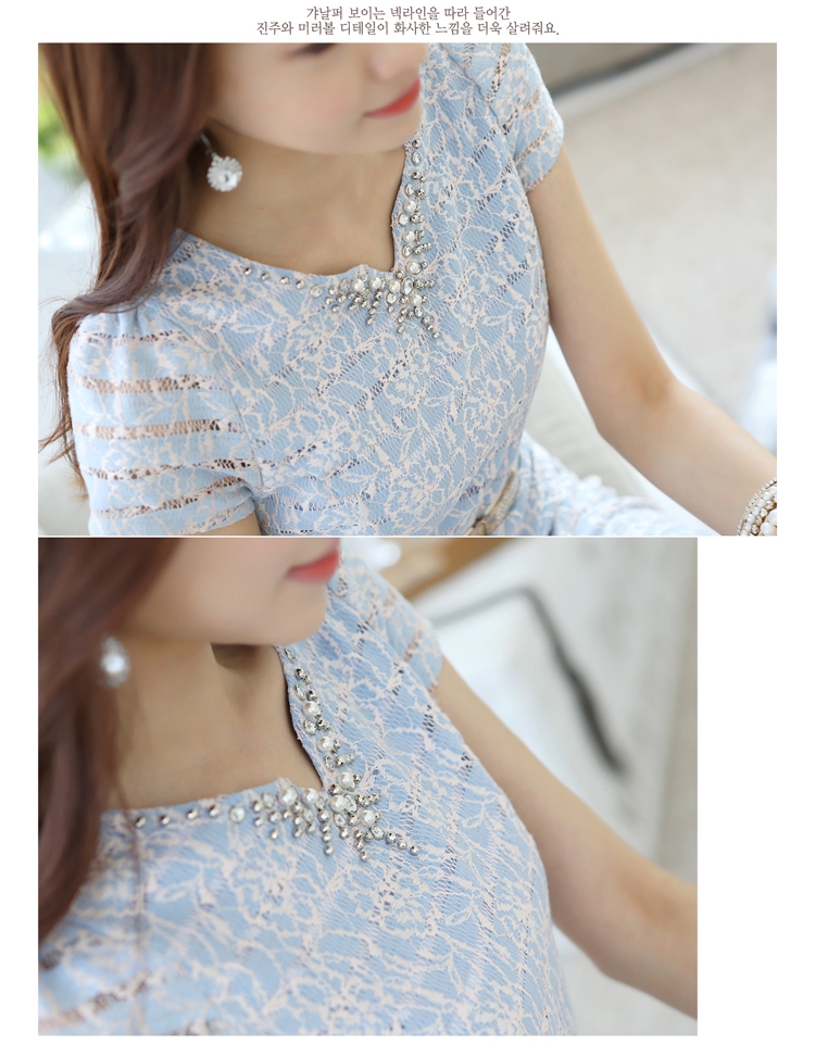 **หมดค่ะ**เดรสทำงานแขนสั้นผ้าลูกไม้สีฟ้า คอวีเล็ก ปักมุก&คริสตัลบริเวณช่วงคอ มีซิปหลัง กระโปรงทรงเอ สวยมากค่ะ