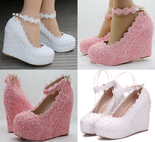 รองเท้าเจ้าสาวส้นเตารีดสีขาวมุข/ชมพู ไซต์ 34-42