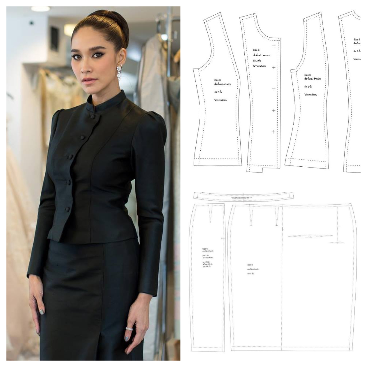 แพทเทิร์นเสื้อจิตรลดาแบบแขนจีบ แพทเทิร์นผ้าถุงสำเร็จป้ายหน้าซิปหลัง (แยกขายแพทเทิร์นเสื้อกับผ้าถุง) ซื้อพร้อมกันมีส่วนลด