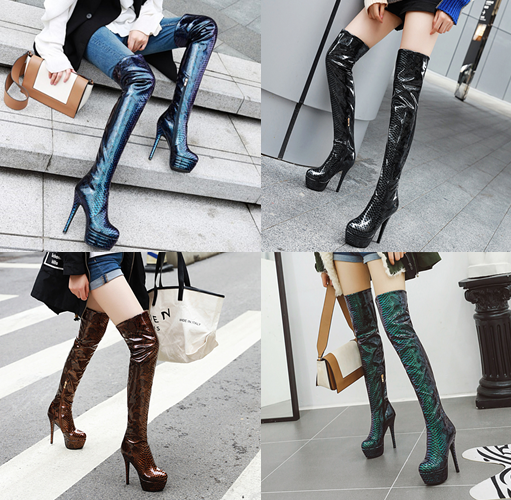 รองเท้าบูทยาวส้นสูงหนังเงาลายงูสีดำ/น้ำตาล/เขียว/น้ำเงิน ไซต์ 34-46
