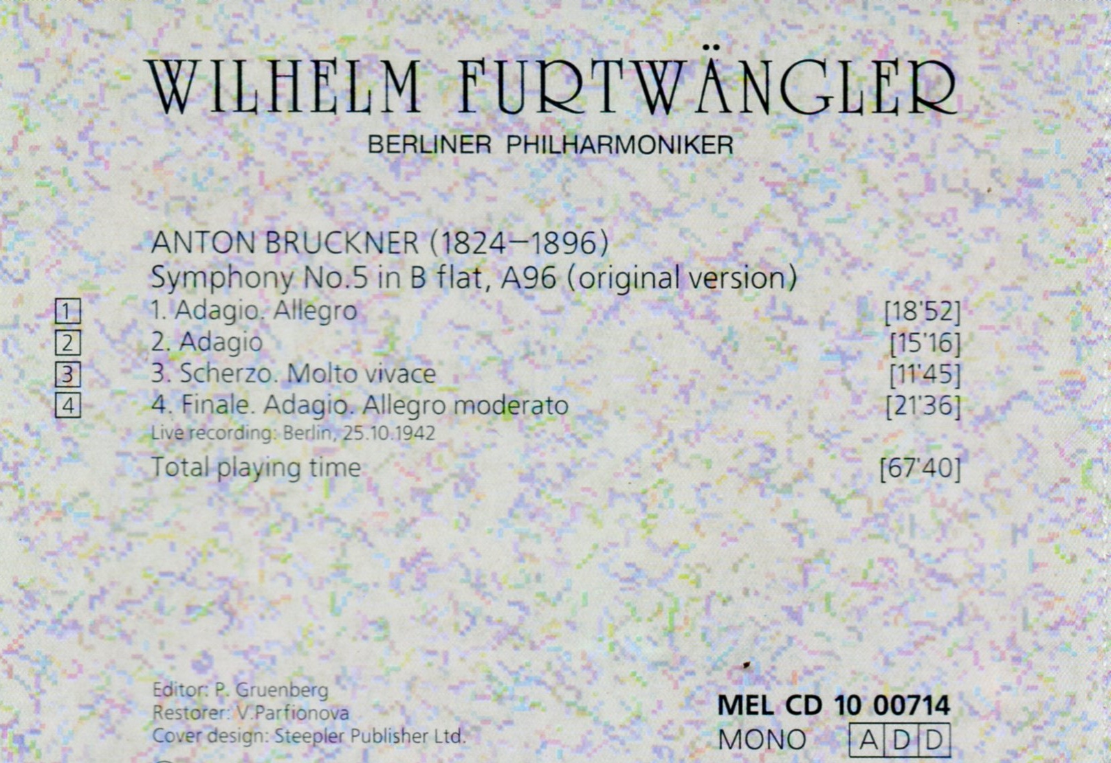 CD,Wilhelm Furtwangler - BRUCKNER Symphony No.5 Berliner Philharmoniker(Orchestra)(Classics)(Instrumental)(1993)(Russia)