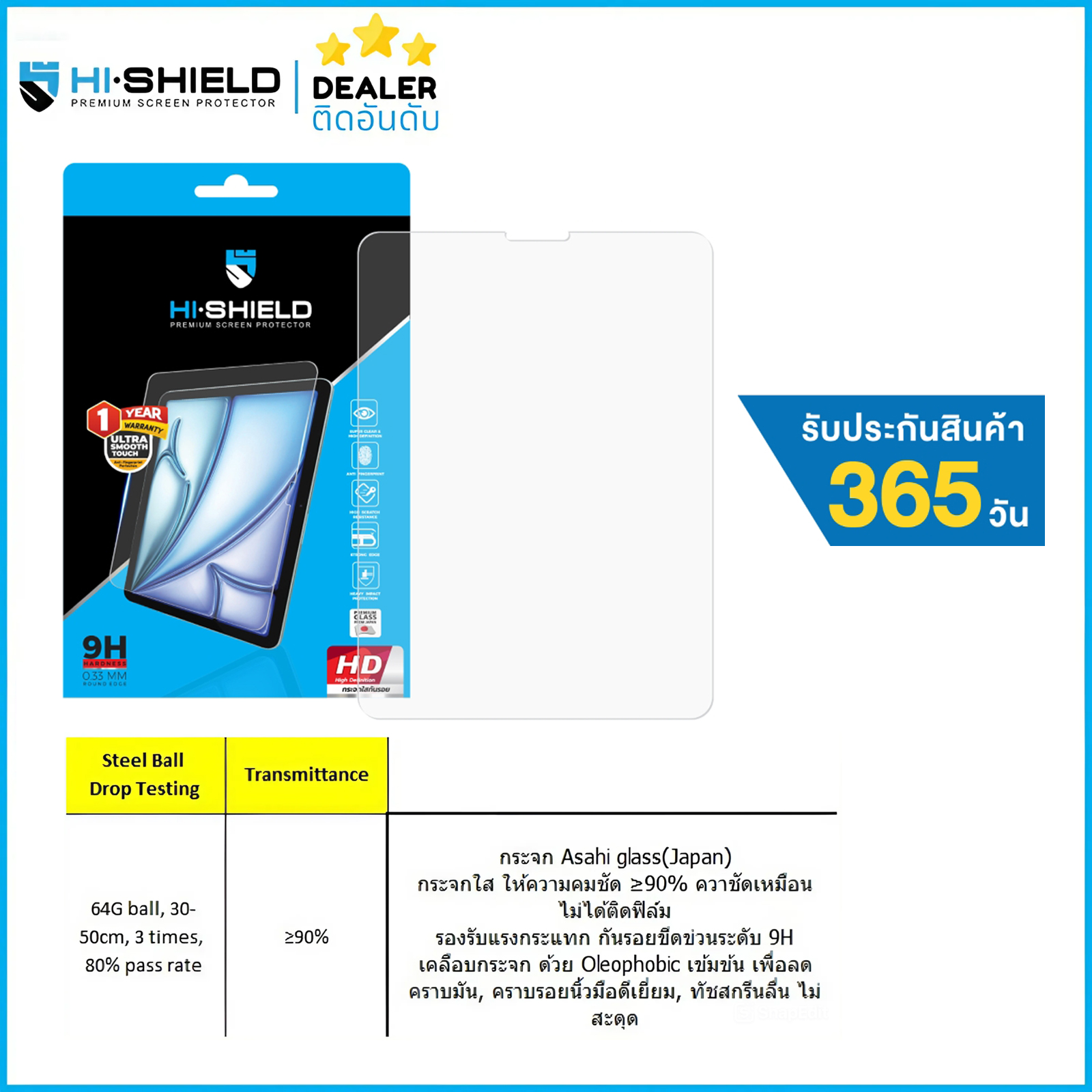 HiShield ฟิล์มกระจกนิรภัย ใส ด้าน ถนอมสายตา กันเผือก ใช้สำหรับ iPad Air 6 Pro 13 2024 Pro 11 12.9 Air 5 4 10.2 Mini 7 6 ใบกำกับภาษี