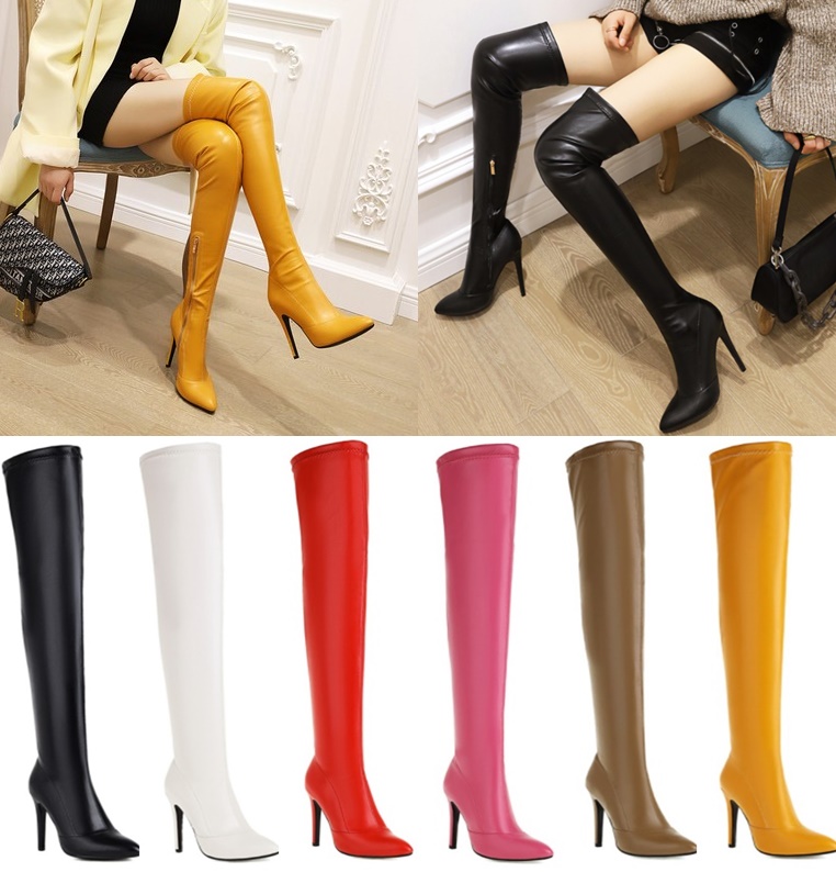 รองเท้าบูทหนังเงายาวถึงต้นขา ไซต์ 34-43 สีดำ/ขาว/แดง/ชมพู/เหลือง/น้ำตาล