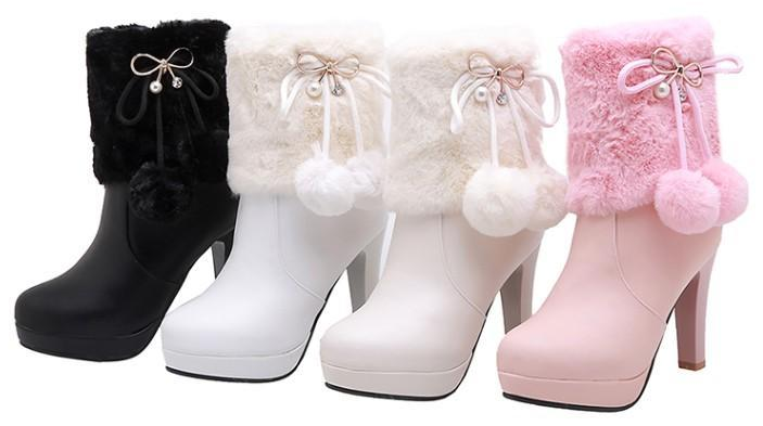 รองเท้าบูทส้นสูงแต่งขนปุยสีชมพู/ขาว/ครีม/ดำ ไซต์ 34-39