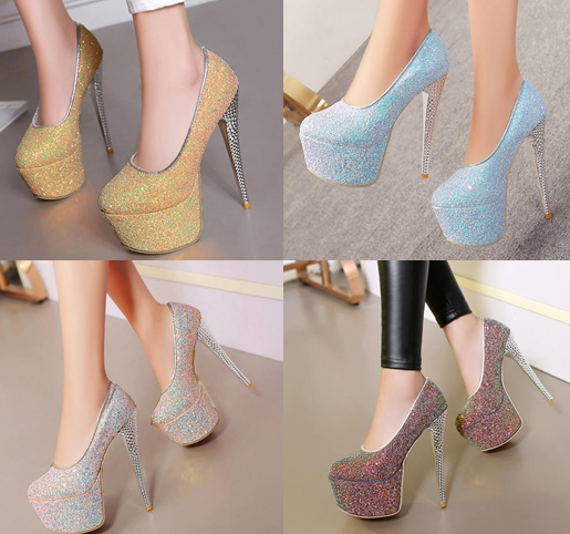 รองเท้าส้นสูงเก็ดกลิ๊กเตอร์สีฟ้า/ม่วง/ทอง/ชม ไซต์ 34-43