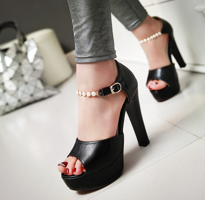 รองเท้าส้นสูงสายรัดข้อแต่งมุข ไต์ 34-43 สีดำ/ขาว/ชมพู/ฟ้า/เขียว